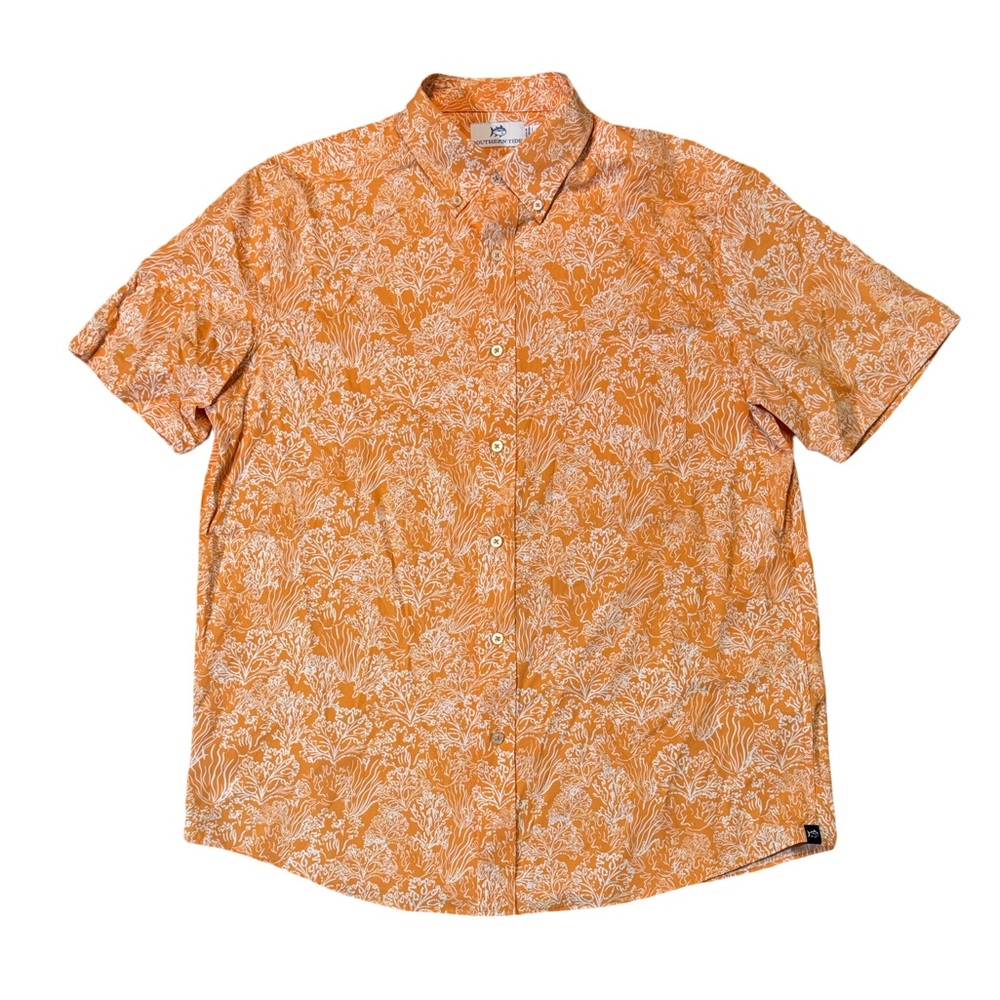 Southern Tide men L Large orange white floral performance oxford button up shirt